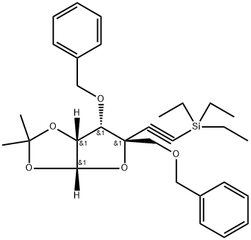 (((3AR,5R,6S,6AR)-6-(苄氧基)-5-((苄氧氧基)甲基)-2,2-二甲基四氢糠[2,3-D][1,3]二氧杂环戊醇-5-基)乙基)三乙基硅烷 结构式