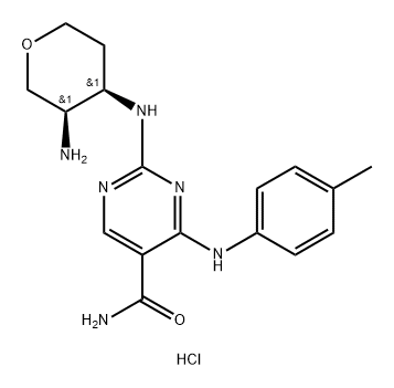 5-Pyrimidinecarboxamide, 2-[[(3R,4R)-3-aminotetrahydro-2H-pyran-4-yl]amino]-4-[(4-methylphenyl)amino]-, hydrochloride (1:2) 结构式