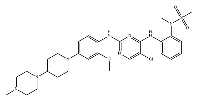 N-[2-[[5-氯-2-[[2-甲氧基-4-[4-(4-甲基-1-哌嗪基)-1-哌啶基]苯基]氨基]-4-嘧啶基]氨基]苯基 ]-N-甲基甲磺酰胺 结构式