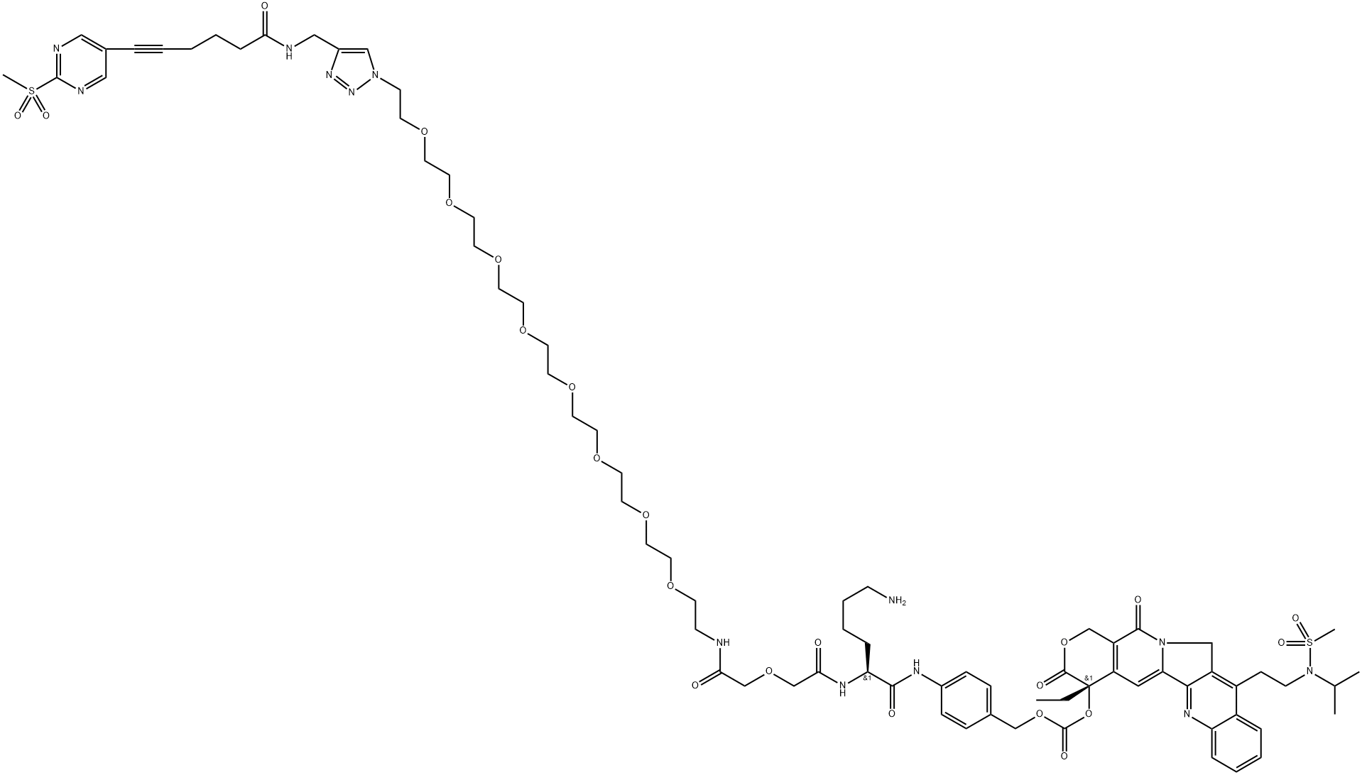 4-((S)-2-(4-氨基丁基)-35-(4-((6-(2-(甲基磺酰基)嘧啶-5-基)己-5-炔酰胺基)甲基)-1H-1,2,3-三唑-1-基)-4,8-二氧代-6,12,15,18,21,24,27,30,33-九氧杂-3,9-二氮杂三十五烷酰胺基)苄基((S)-4-乙基-11-(2-(N-异丙基甲基磺酰胺基)乙基)-3,14-二氧代-3,4,12,14-四氢-1H-吡喃并[3',4':6,7]吲哚嗪并[1,2-B]喹啉-4-基)碳酸酯 结构式