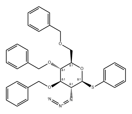 苯基 2-叠氮基-2-脱氧-3,4,6-三-O-(苯基甲基)-1-硫代-BETA-D-吡喃葡萄糖苷 结构式