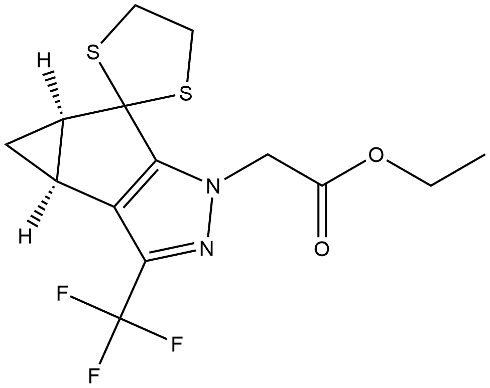 ethyl 2-((3bS,4aR)-3-(trifluoromethyl)-4,4a-dihydrospiro[cyclopropa[3,4]cyclopenta[1,2-c]pyrazole-5,2'-[1,3]dithiolane]-1(3bH)-yl)acetate 结构式