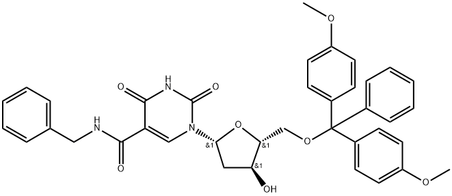 N-苄基-1-((2R,4S,5R)-5-((双(4-甲氧基苯基)(苯基)甲氧基)甲基)-4-羟基四氢呋喃-2-基)-2,4-DIOXO-1, 2,3,4-四氢嘧啶-5-甲酰胺 结构式