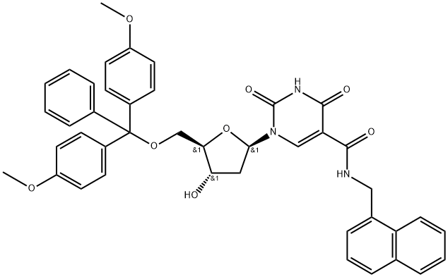 1-((2R,4S,5R)-5-((双(4-甲氧基苯基)(苯基)甲氧基)甲基)-4-羟基四氢呋喃-2-基)-N-(萘-1-基甲基)-2, 4-二氧代-1,2,3,4-四氢嘧啶-5-甲酰胺 结构式