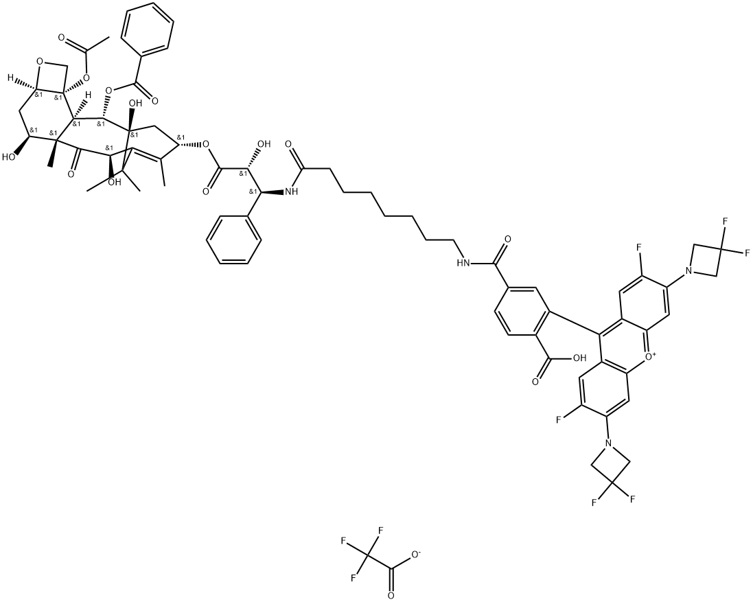 Xanthylium, 9-[5-[[[8-[[(1S,2R)-3-[[(2aR,4S,4aS,6R,9S,11S,12S,12aR,12bS)-12b-(acetyloxy)-12-(benzoyloxy)-2a,3,4,4a,5,6,9,10,11,12,12a,12b-dodecahydro-4,6,11-trihydroxy-4a,8,13,13-tetramethyl-5-oxo-7,11-methano-1H-cyclodeca[3,4]benz[1,2-b]oxet-9-yl]oxy]-2-hydroxy-3-oxo-1-phenylpropyl]amino]-8-oxooctyl]amino]carbonyl]-2-carboxyphenyl]-3,6-bis(3,3-difluoro-1-azetidinyl)-2,7-difluoro-, 2,2,2-trifluoroacetate (1:1) 结构式