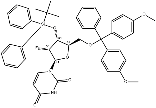 1-((2S,3S,4S,5S)-5-((bis(4-methoxyphenyl)(phenyl)methoxy)methyl)-4-((tert-butyldiphenylsilyl)oxy)-3-fluorotetrahydrofuran-2-yl)pyrimidine-2,4(1H,3H)-dione 结构式