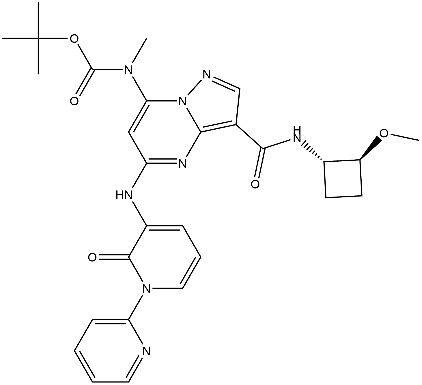 1,1-Dimethylethyl N-[3-[[[(1S,2S)-2-methoxycyclobutyl]amino]carbonyl]-5-[(2-oxo[1(6H),2′-bipyridin]-3-yl)amino]pyrazolo[1,5-a]pyrimidin-7-yl]-N-methylcarbamate 结构式