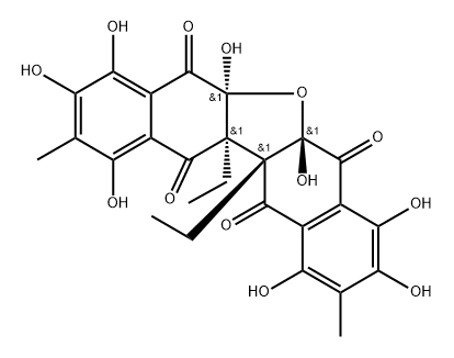Dinaphtho[2,3-b:2',3'-d]furan-5,7,12,13-tetrone, 12a,12b-diethyl-5a,6a,12a,12b-tetrahydro-1,3,4,5a,6a,8,9,11-octahydroxy-2,10-dimethyl-, (5aS,6aS,12aS,12bS)-rel-(-)- 结构式