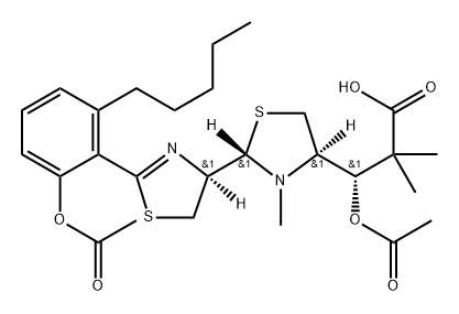 4-Thiazolidinepropanoic acid, β-(acetyloxy)-2-[(4R)-2-[2-(acetyloxy)-6-pentylphenyl]-4,5-dihydro-4-thiazolyl]-α,α,3-trimethyl-, (βS,2S,4R)-rel- 结构式