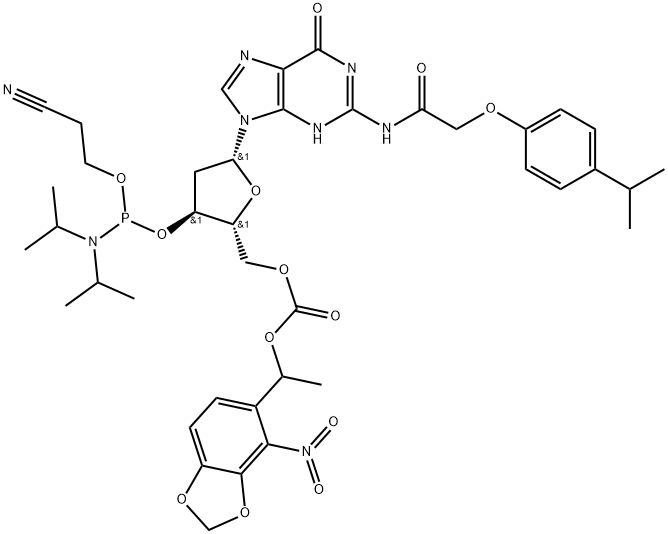 2'-deoxy-N-[[4-(1-methylethyl)phenoxy]acetyl]-, 3'-[2-cyanoethyl bis(1-methylethyl)phosphoramidite] 5'-[1-(4-nitro-1,3-benzodioxolGuanosine 结构式