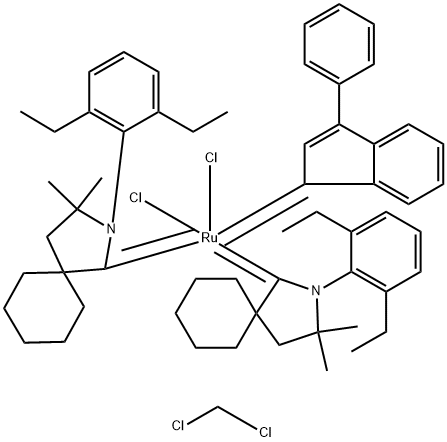 双(2-(2,6-二乙基苯基)-3,3-二甲基-2-氮杂螺[4.5]癸烷-1-亚基)二氯(3-苯基-1H-茚-1-亚基)钌(II)二氯甲烷络合物 结构式