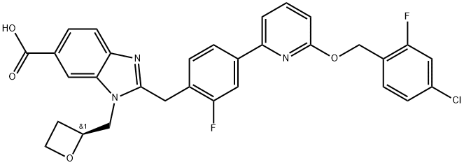 1H-Benzimidazole-6-carboxylic acid, 2-[[4-[6-[(4-chloro-2-fluorophenyl)methoxy]-2-pyridinyl]-2-fluorophenyl]methyl]-1-[(2S)-2-oxetanylmethyl 结构式