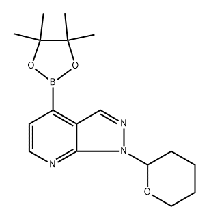 1-(四氢-2H-吡喃-2-基)-4-(4,4,5,5-四甲基-1,3,2-二氧硼杂环戊烷-2-基)-1H-吡唑并[3,4-B] 吡啶 结构式