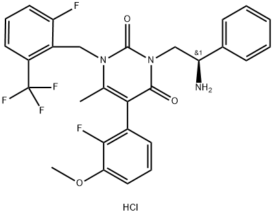 2,4(1H,3H)-Pyrimidinedione, 3-[(2R)-2-amino-2-phenylethyl]-5-(2-fluoro-3-methoxyphenyl)-1-[[2-fluoro-6-(trifluoromethyl)phenyl]methyl]-6-methyl-, hydrochloride (1:1) 结构式