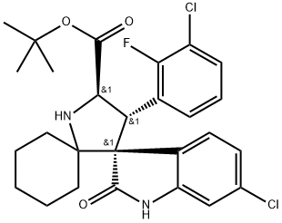 tert-butyl (3'R,4'S,5'R)-6''-chloro-4'-(3-chloro-2-fluorophenyl)-2''-oxodispiro[cyclohexane-1,2'-pyrrolidine-3',3''-indoline]-5'-carboxylate 结构式