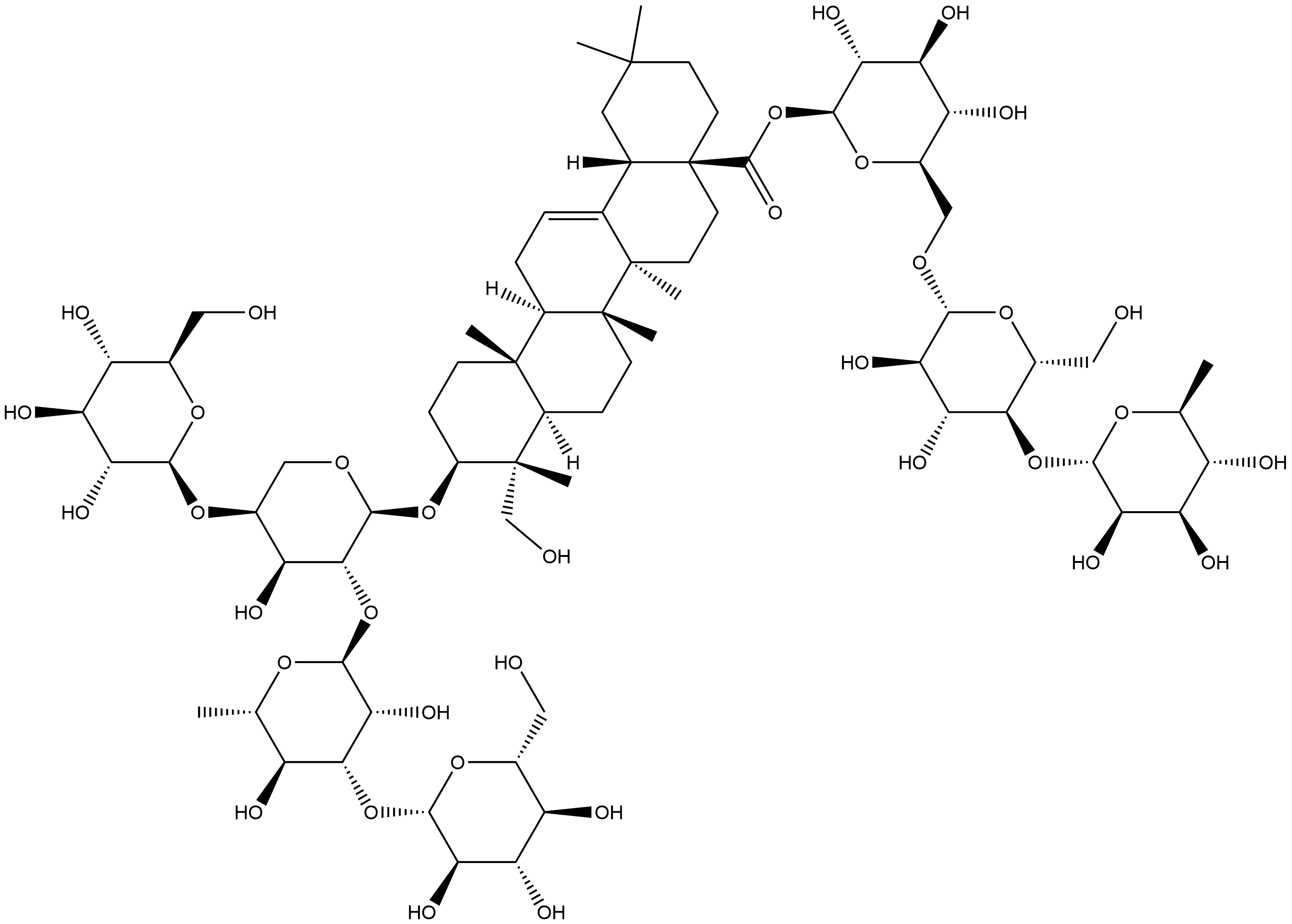 Olean-12-en-28-oic acid, 3-[(O-β-D-glucopyranosyl-(1→4)-O-[O-β-D-glucopyranosyl-(1→3)-6-deoxy-α-L-mannopyranosyl-(1→2)]-α-L-arabinopyranosyl)oxy]-23-hydroxy-, O-6-deoxy-α-L-mannopyranosyl-(1→4)-O-β-D-glucopyranosyl-(1→6)-β-D-glucopyranosyl ester, (3β,4α)- 结构式