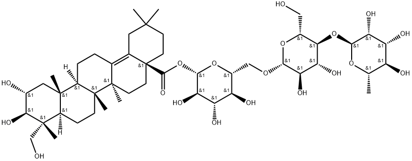 Olean-13(18)-en-28-oic acid, 2,3,23-trihydroxy-, O-6-deoxy-α-L-mannopyranosyl-(1→4)-O-β-D-glucopyranosyl-(1→6)-β-D-glucopyranosyl ester, (2α,3β,4α)- 结构式