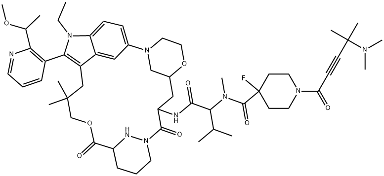 (3S)-N1-[N-[[1-[4-(二甲基氨基)-4-甲基-1-氧代-2-戊炔-1-基]-4-氟-4-哌啶基]羰基]-N-甲基-L-缬氨酰基-3-[4-[(2R)-1-乙基-3-(3-羟基-2,2-二甲基丙基)-2-[2-[(1S)-1-甲氧基乙基]-3-吡啶基]-1H-吲哚-5-基]-2-吗啉基]-L-丙氨酰基]六氢-3-哒嗪甲酸(3→2)-内酯 结构式