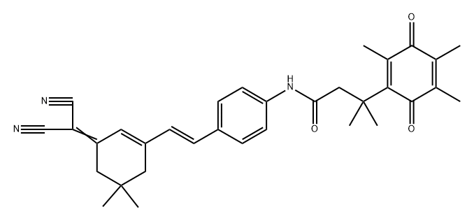 (E)-N-(4-(2-(3-(dicyanomethylene)-5,5-dimethylcyclohex-1-en-1-yl)vinyl)phenyl)-3-methyl-3-(2,4,5-trimethyl-3,6-dioxocyclohexa-1,4-dien-1-yl)butanamide 结构式