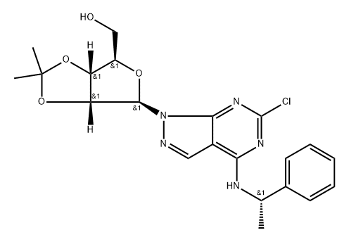 6-CHLORO-1-[2,3-O-(1-METHYLETHYLIDENE)-锟?D-RIBOFURANOSYL]-N-[(1R)-1-PHENYLETHYL]-1H-PYRAZOLO[3,4-D]PYRIMIDIN-4-AMINE 结构式