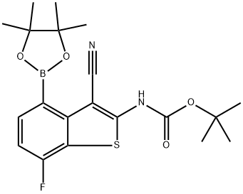 叔丁基(3-氰基-7-氟-4-(4,4,5,5-四甲基-1,3,2-二氧苯并呋喃-2-基)苯并[B]噻吩-2-甲基)氨基甲酸酯 结构式