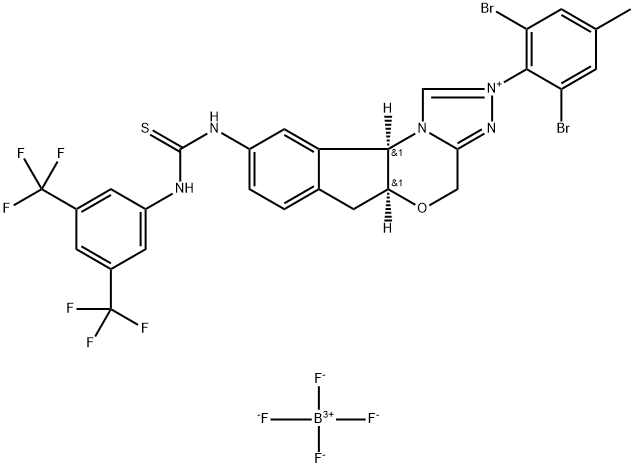 4H,6H-Indeno[2,1-b][1,2,4]triazolo[4,3-d][1,4]oxazinium, 9-[[[[3,5-bis(trifluoromethyl)phenyl]amino]thioxomethyl]amino]-2-(2,6-dibromo-4-methylphenyl)-5a,10b-dihydro-, (5aS,10bR)-, tetrafluoroborate(1-) (1:1) 结构式