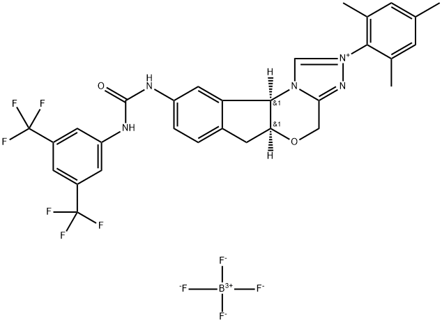 4H,6H-Indeno[2,1-b][1,2,4]triazolo[4,3-d][1,4]oxazinium, 9-[[[[3,5-bis(trifluoromethyl)phenyl]amino]carbonyl]amino]-5a,10b-dihydro-2-(2,4,6-trimethylphenyl)-, (5aS,10bR)-, tetrafluoroborate(1-) (1:1) 结构式