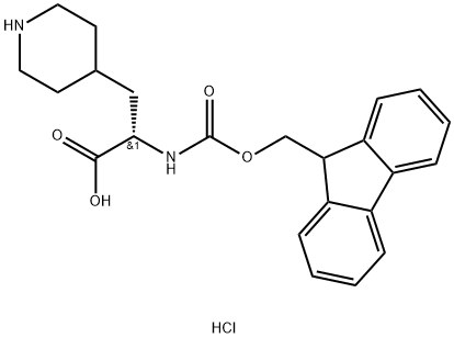 4-Piperidinepropanoic acid, α-[[(9H-fluoren-9-ylmethoxy)carbonyl]amino]-, hydrochloride (1:1), (αS)- 结构式