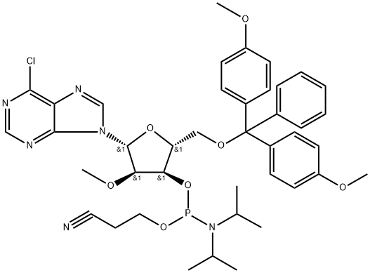 (2R,3R,4R,5R)-2-((双(4-甲氧基苯基)(苯基)甲氧基)甲基)-5-(6-氯-9H-嘌呤-9-基)-4-甲氧基四氢呋喃-3-基(2-氰基乙基)二异丙基亚磷酰胺 结构式