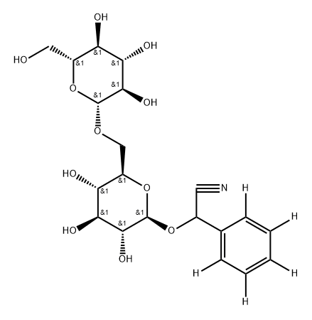 2-(phenyl-d5)-2-(((2R,3R,4S,5S,6R)-3,4,5-trihydroxy-6-((((2R,3R,4S,5S,6R)-3,4,5-trihydroxy-6-(hydroxymethyl)tetrahydro-2H-pyran-2-yl)oxy)methyl)tetrahydro-2H-pyran-2-yl)oxy)acetonitrile 结构式