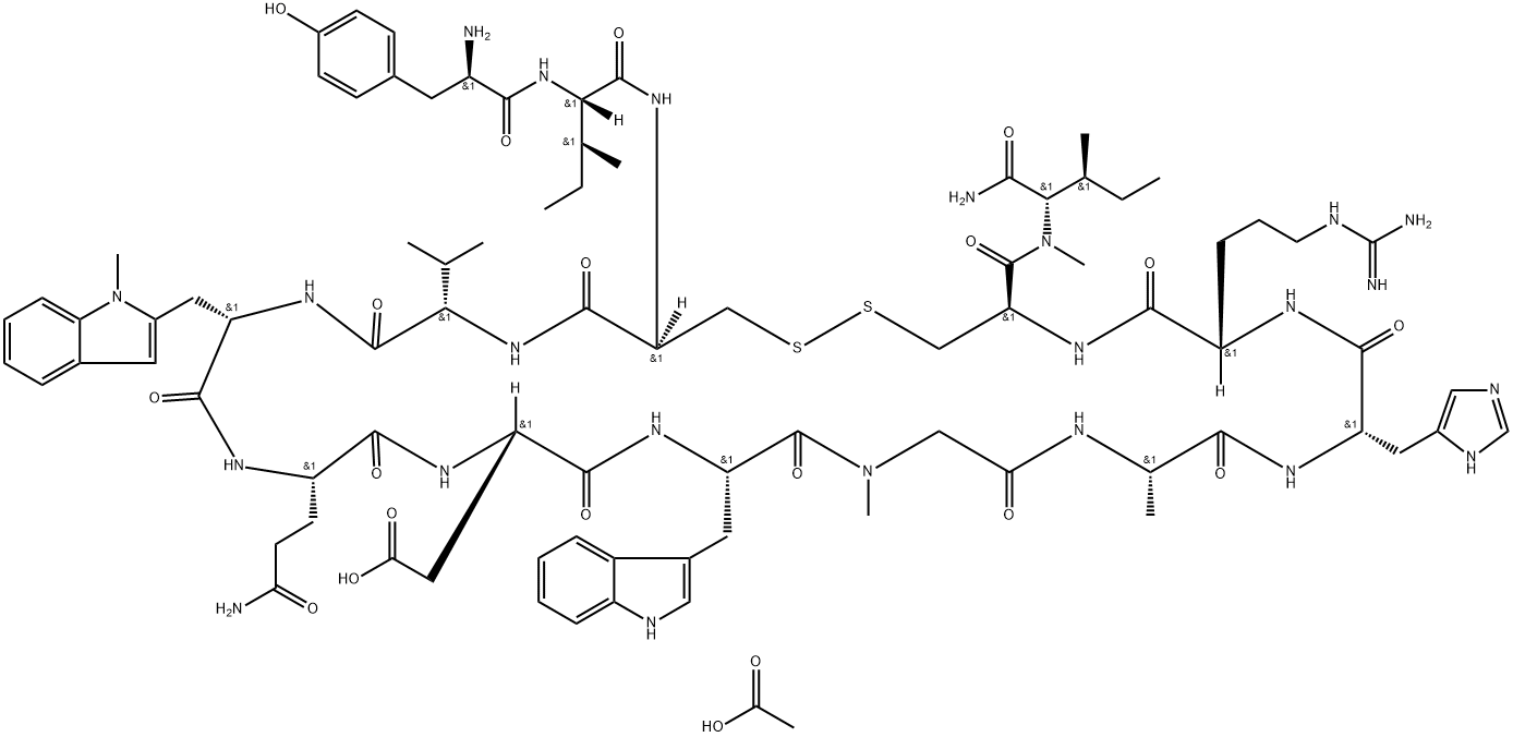 2-((4R,7S,10S,13S,19S,22S,25S,28S,31S,34R)-10-((1H-咪唑-5-基)甲基)-19-((1H-吲哚-3-Y基)甲基)-34-((2S,3S)-2-((R)-2-氨基-3-(4-羟基苯基)丙酰胺基)-3-甲基戊酰胺基)-4-(((2S,3S)-1-氨基-3-甲基-1-氧代戊-2-基)(甲基)氨基甲酰基)-25-(3-氨基-3-氧代丙基)-7-(3-胍基丙基)-31-异丙基-13,17-二甲基-28-((1-甲基-1H-吲哚-3-基)甲基)-6,9,12,15,18,21,24,27,30,33-十氧代-1,2-二硫杂-5,8,11,14,17,20, 结构式