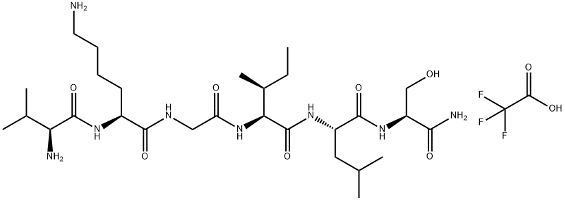 (S)-6-氨基-N-(2-(((2S,3S)-1-(((S)-1-(((S)-1-氨基-3-羟基-1-氧代丙-2-基)氨基)-4-甲基-1-氧代戊烷-2-基)氨基)-3-甲基-1-氧代戊烷-2-基)氨基)-2-氧代乙基)-2-((S)-2-氨基-3-甲基丁酰胺基)己酰胺 2,2,2-三氟乙酸酯 结构式