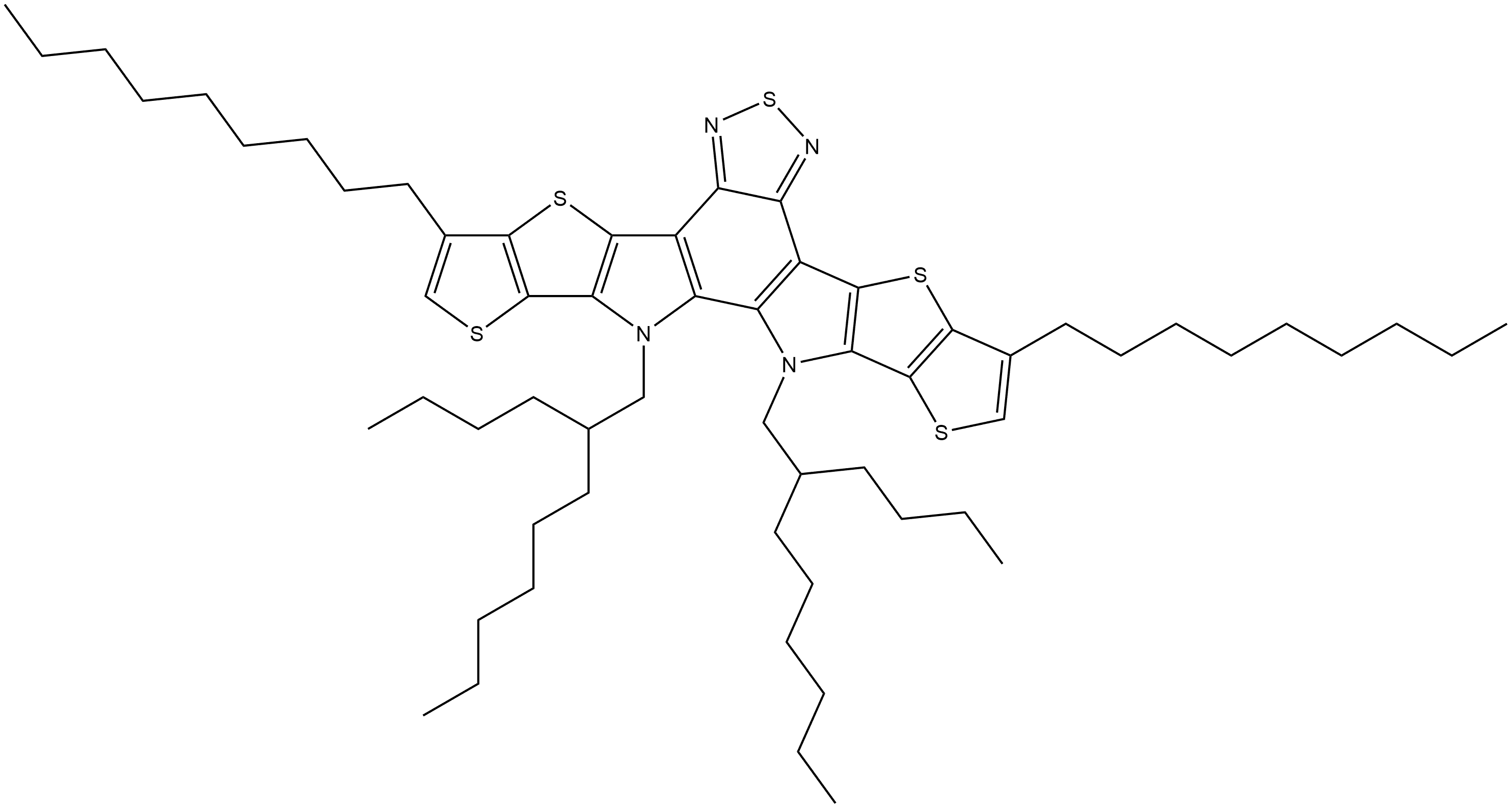 12,13-bis(2-butyloctyl)-3,9-dinonyl-12,13-dihydro-[1,2,5]thiadiazolo[3,4-e]thieno[2'',3'':4',5']thieno[2',3':4,5]pyrrolo[3,2-g]thieno[2',3':4,5]thieno[3,2-b]indole 结构式