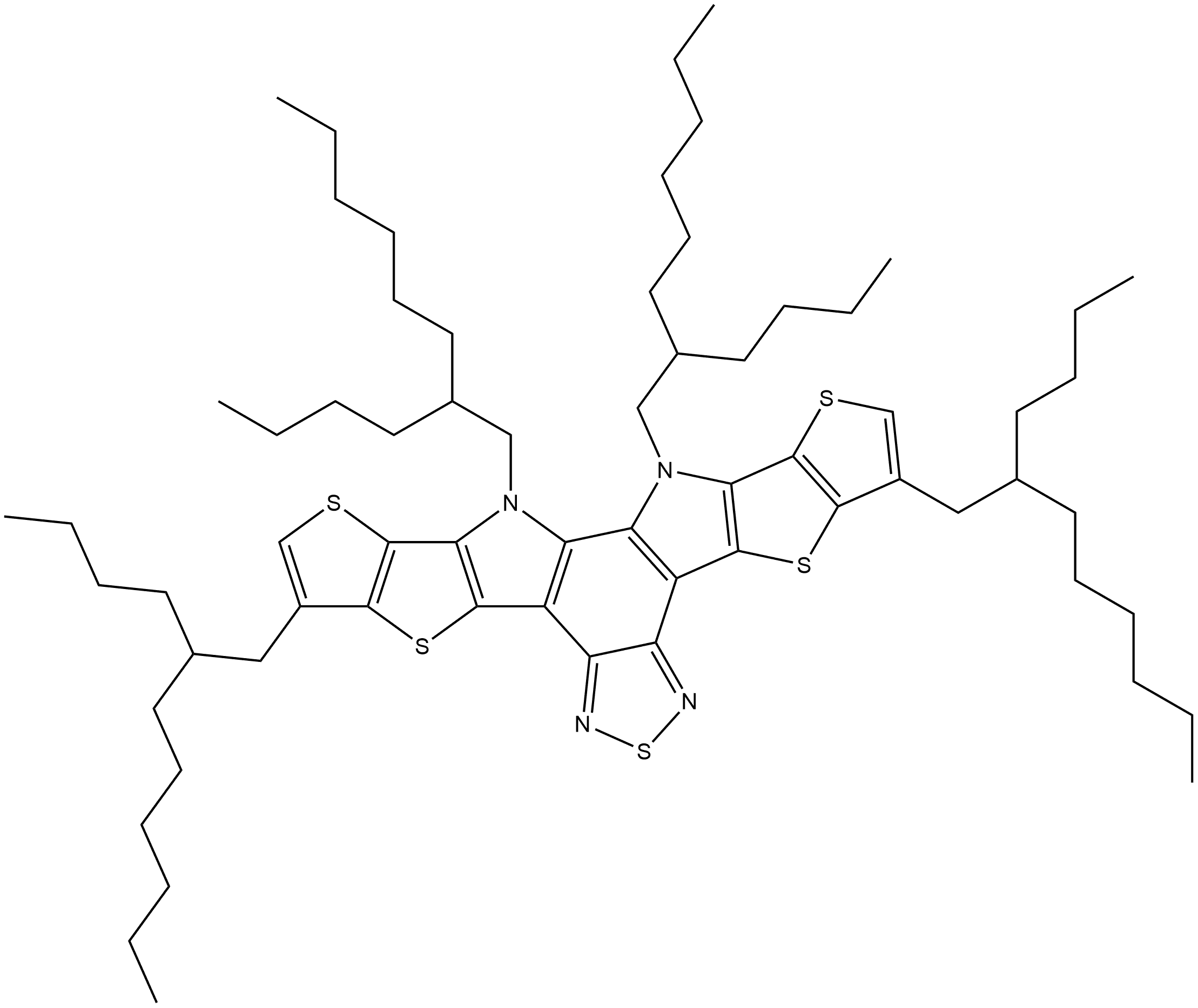 3,9,12,13-四(2-丁基)-12,13-二氢-[1,2,5]噻二唑[3,4-E]噻吩并[2“,3”,5']噻吩并[3',3':4,5]吡咯并[3,2-G]噻吩并[5',3',4,5]噻吩并[1,2-B]吲哚-2,10-二甲醛 结构式