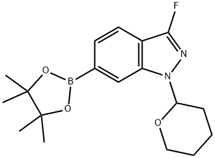 3-氟-1-(四氢2H-吡喃-2-基)-6-(4,4,5,5-四甲基-1,3,2-二氧硼杂环戊烷-2-基)-1H-吲唑 结构式