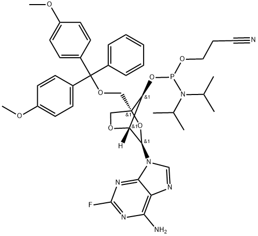 (1R,3R,4R,7S)-3-(6-氨基-2-氟-9H-嘌呤-9-基)-1-((双(4-甲氧基苯基)(苯基)甲氧基)甲基)-2,5-二氧双环[2.2.1]庚-7-基(2-氰乙基)二异丙基亚磷酰胺 结构式