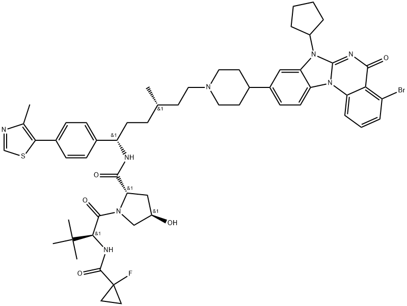 (2S,4R)-N-((1S,4S)-6-(4-(4-溴-7-环戊基-5-氧代-5,7-二氢苯并[4,5]咪唑并[1,2-A]喹唑啉-9-基)哌啶-1-基)-4-甲基-1-(4-(4-甲基噻唑-5-基)苯基)己基)-1-((S)-2-(1-氟环丙烷-1-甲酰胺基)-3,3-二甲基丁酰基)-4-羟基吡咯烷-2-甲酰胺 结构式