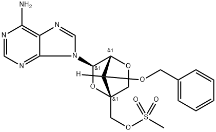 9H-Purin-6-amine, 9-[2,5-anhydro-4-C-[[(methylsulfonyl)oxy]methyl]-3-O-(phenylmethyl)-α-L-lyxofuranosyl]- 结构式