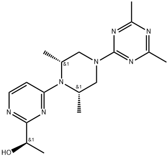 2-Pyrimidinemethanol, 4-[(2R,6S)-4-(4,6-dimethyl-1,3,5-triazin-2-yl)-2,6-dimethyl-1-piperazinyl]-α-methyl-, (αR)- 结构式