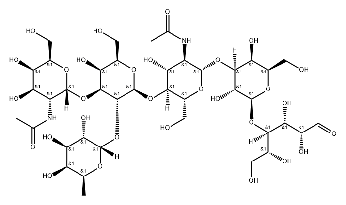 ALPHA-N-乙酰基半乳糖胺基-(1-3)-[ALPHA-岩藻糖基-(1-2)]-BETA-半乳糖基-(1-4)-BETA-N-乙酰基葡糖胺基-(1-3)-BETA-半乳糖基-(1-4)-葡萄糖 结构式