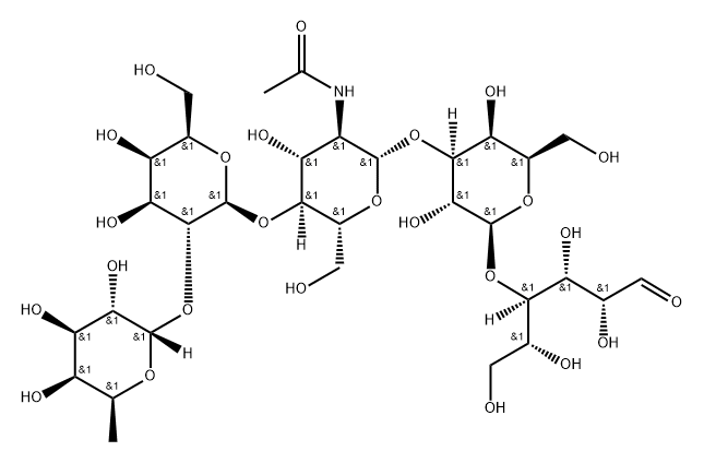 O-6-脱氧-ALPHA-L-吡喃半乳糖基-(1-2)-O-BETA-D-吡喃半乳糖基-(1-4)-O-2-(乙酰氨基)-2-脱氧-BETA-D-吡喃葡萄糖基-(1-3)-O-BETA-D-吡喃半乳糖基-(1-4)-D-葡萄糖 结构式
