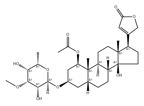 1β-Acetoxy-3β-[(3-O-methyl-6-deoxy-α-L-talopyranosyl)oxy]-10,14-dihydroxy-19-nor-5β-card-20(22)-enolide 结构式