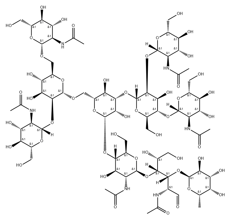 O-2-(乙酰氨基)-2-脱氧-BETA-D-吡喃葡萄糖基-(1-2)-O-[2-(乙酰氨基)-2-脱氧-BETA-D-吡喃葡萄糖基-(1-4)]-O-ALPHA-D-甘露糖基-(1-3)-O-[O-2-(乙酰氨基)-2-脱氧-BETA-D-吡喃葡萄糖基-(1-2)-O-[2-(乙酰氨基)-2-脱氧-BETA-D-吡喃葡萄糖基-(1-6)]-ALPHA-D-甘露糖基-(1-6)]-O-BETA-D-甘露糖基-(1-4)-O-2-(乙酰氨基)-2-脱氧-BETA-D-吡喃葡萄糖基-(1-4)-O-[6-脱氧-ALPHA-L-吡喃半乳糖基-(1-3)]-2-(乙酰氨基)-2-脱氧-D-葡萄糖 结构式