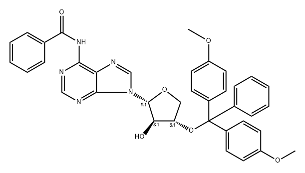 化合物 1-[3'-O-[(4,4'-DIMETHOXYTRIPHENYL)METHYL]-A-L-THREOFURANOSYL]-N6-BENZOYLADENINE 结构式