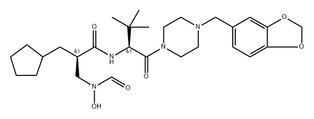 Cyclopentanepropanamide, N-[(1S)-1-[[4-(1,3-benzodioxol-5-ylmethyl)-1-piperazinyl]carbonyl]-2,2-dimethylpropyl]-α-[(formylhydroxyamino)methyl]-, (αR)- 结构式