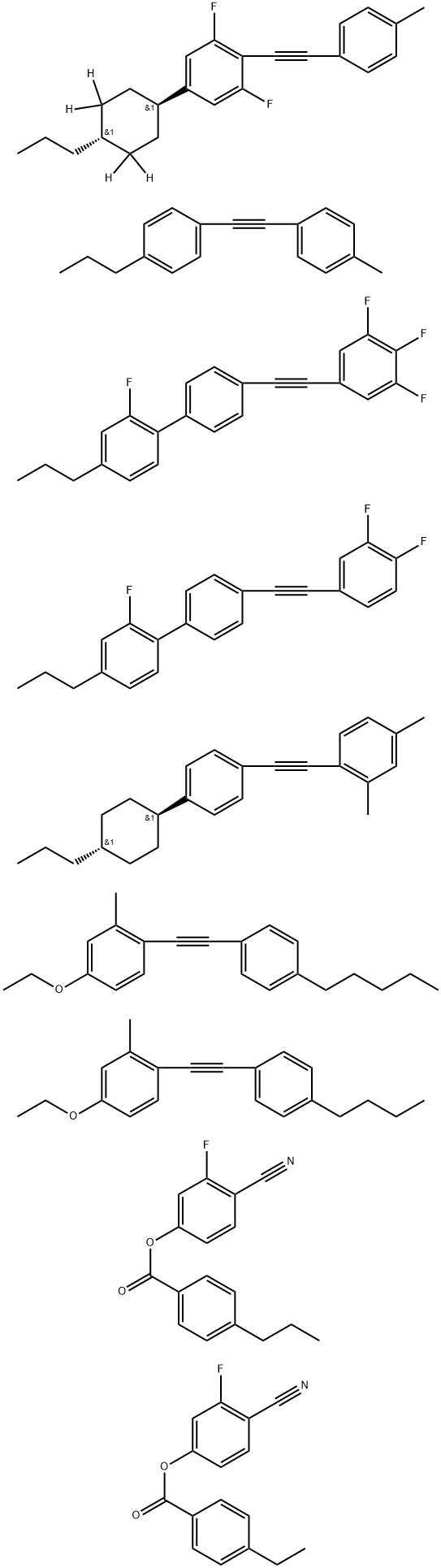 Benzoic acid, 4-ethyl-, 4-cyano-3-fluorophenyl ester, mixt. with 1-[(4-butylphenyl)ethynyl]-4-ethoxy-2-methylbenzene, 4-cyano-3-fluorophenyl 4-propylbenzoate, 1,3-difluoro-2-[(4-methylphenyl)ethynyl]-5-(trans-4-propylcyclohexyl-3,3,5,5-d4)benzene, 4′-[(3,4-difluorophenyl)ethynyl]-2-fluoro-4-propyl-1,1′-biphenyl, 2,4-dimethyl-1-[[4-(trans-4-propylcyclohexyl)phenyl]ethynyl]benzene, 4-ethoxy-2-methyl-1-[(4-pentylphenyl)ethynyl]benzene, 2-fluoro-4-propyl-4′-[(3,4,5-trifluorophenyl)ethynyl]-1,1′-biphenyl and 1-[(4-methylphenyl)ethynyl]-4-propylbenzene 结构式