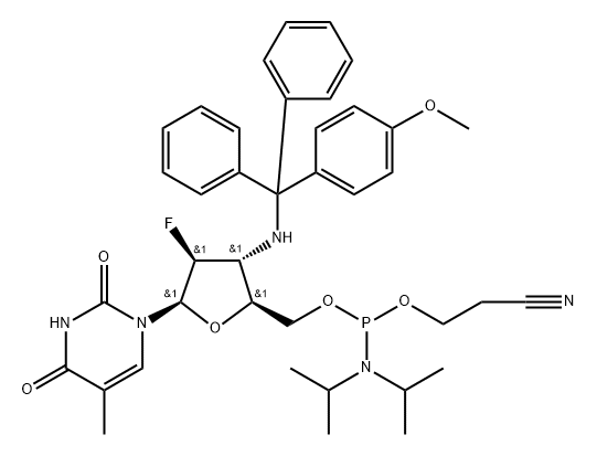 2,?4(1H,?3H)?-?Pyrimidinedione, 1-?[5-?O-?[[bis(1-?methylethyl)?amino]?(2-?cyanoethoxy)?phosphino]?-?2,?3-?dideoxy-?2-?fluoro-?3-?[[(4-?methoxyphenyl)?diphenylmethyl]?amino]?-?β-?D-?arabinofuranosyl]?-?5-?methyl- 结构式