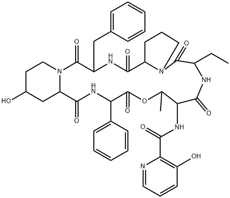 N-[(3-Hydroxy-2-pyridinyl)carbonyl]cyclo[L-Thr*-D-Abu-L-Pro-L-Phe-[(4R)-4-hydroxy-L-pipecoloyl]-L-phenyl Gly-] 结构式