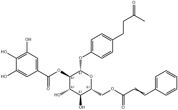 4'-羟基苯基-2-丁酮-4'-O-B-D-(2"-O-桂皮酰-6"-O-没食子酰葡萄糖苷 结构式