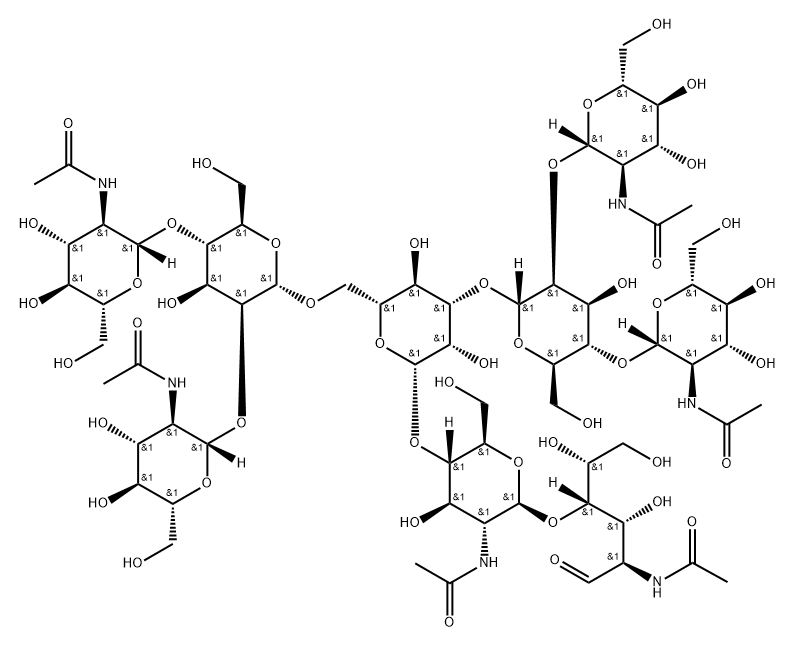 O-2-(乙酰氨基)-2-脱氧-BETA-D-吡喃葡萄糖基-(1-2)-O-[2-(乙酰氨基)-2-脱氧-BETA-D-吡喃葡萄糖基-(1-4)]-O-ALPHA-D-甘露糖基-(1-3)-O-[O-2-(乙酰氨基)-2-脱氧-BETA-D-吡喃葡萄糖基-(1-2)-O-[2-(乙酰氨基)-2-脱氧-BETA-D-吡喃葡萄糖基-(1-4)]-ALPHA-D-甘露糖基-(1-6)]-O-BETA-D-甘露糖基-(1-4)-O-2-(乙酰氨基)-2-脱氧-BETA-D-吡喃葡萄糖基-(1-4)-2-(乙酰氨基)-2-脱氧-D-葡萄糖 结构式